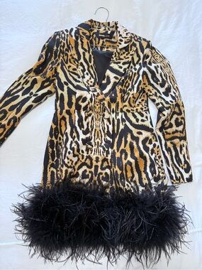 Fashion Nova Black, Gold & Cream Animal-Print Blazer Dress with Feather Hem